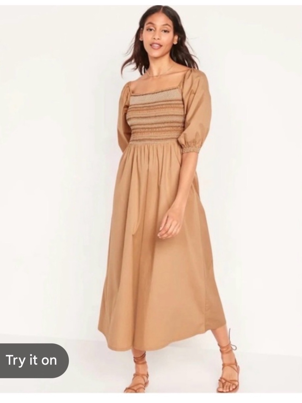 Smocked Square-Neck Midi Dress in Camel - old navy - M